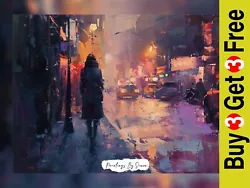 Buy Woman In A Vibrant Rainy City Oil Painting Print 5 X7  On Matte Paper • 4.49£