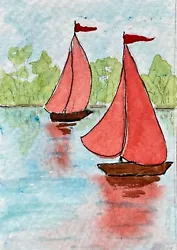 Buy Original Watercolour ACEO Of Sail Boats. Watercolour Red Sailed Boats On River. • 3£