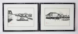 Buy Pair Black & White Watercolor Paintings Malaysian Fishing Village On Stilts Sgd • 374.42£