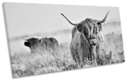 Buy Highland Cow Print PANORAMIC CANVAS WALL ART Picture Black & White • 119.99£