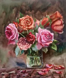 Buy Original Roses Watercolor Painting Bright Red Roses Wall Art Floral Pink Flower • 51.27£