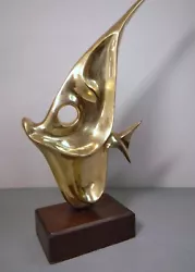 Buy Vintage MCM Mid-Century Modern Heavy Abstract Brass Fish Sculpture On Wood Base • 215.10£