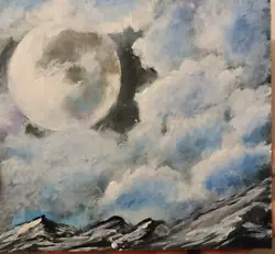 Buy Original Full Moon Clouds Painting, Hand Painted On Wood Card Board • 9.77£