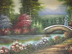 Buy Lady On Bridge Oil Painting Canvas River Flowers Trees Countryside Classic Art • 38.95£