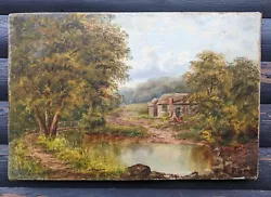 Buy Antique Oil On Canvas Village Shepherd Bridge River Landscape Nature  • 364£