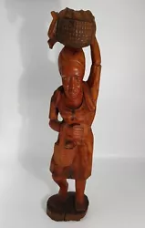 Buy Hand Made Wood Carving Folk & Indigenous Brown Carrying Basket Statue Sculpture • 30.07£