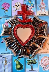 Buy Small Mexican Natural Tin & Red Heart Milagro Mirror Handmade Folk Art #02 • 12£