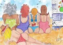 Buy ACEO Original Watercolor Painting Seaside Beach Hut Seagull Crab Bikini Swimsuit • 10£