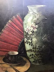 Buy Realist American Oriental Motif Still Life W Cherry Blossom Celadon Vase Oil  • 468.88£