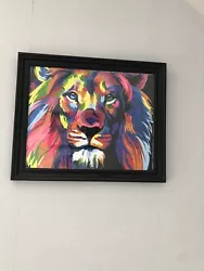 Buy Colourful Bright Painting Of Lion Hand Painted Acrylic Framed Black & Perspex • 15£
