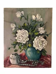 Buy Vintage Original Oil Painting Still Life Flowers Vase Beads, Signed Board 16x20” • 62.26£