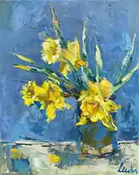 Buy Impasto Still Life Yellow Narcissus Daffodil Flowers Oil Painting 20x16 Inches • 169.31£