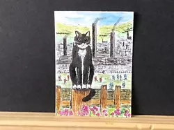 Buy ACEO Original Watercolour Painting. SOOTY THE CAT ON THE FENCE. • 1.50£