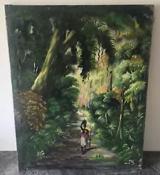 Buy 1960s Oil On Canvas African WOMAN & CHILD WALKING IN THE JUNGLE TENGE JOSEPH • 100£