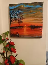 Buy Original On Canvas Sunset Tree Painting, Hand Painted Boat On 20x20 Cm Canvas • 17.77£