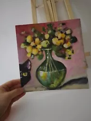Buy Cat Painting Vintage Style Impressionism Paper Original Handmade Flowers  • 20.50£
