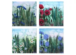Buy Set Of 4 Original Mixmedia Painting 5 X5  Wheat Wildflowers Hand Painted Artwork • 66.92£