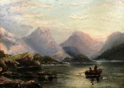 Buy Indistinctly Signed Antique Original Oil Painting, Lake & Mountain Landscape • 62£