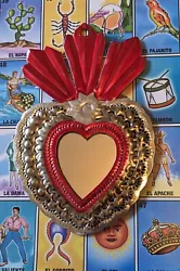 Buy Small Mexican Natural Tin & Red Heart Milagro Mirror Handmade Folk Art #03 • 12£