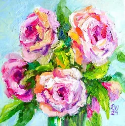 Buy Pink Roses Flowers Original Oil Painting Wall Art Canvas 8x8 Inches • 45£