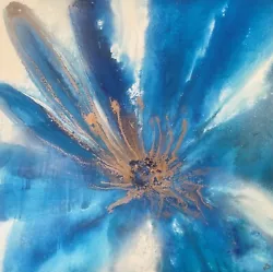 Buy Original Hand-painted Gold/Blues Abstract Floral Canvas Painting. Kerry Bowler • 125£