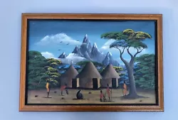 Buy Vintage Folk Art African Hut Village Mountain Scene Painting G Kim • 132.60£