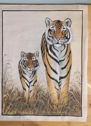 Buy Painting Of Tigers Mum & Cub On Fabric, Hand Painted Exquisite Unframed VGC • 35£