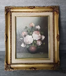 Buy Vintage Flowers Pink Roses Oil Painting With Gold Ornate Frame, Signed By Betty • 89.99£
