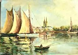 Buy PORT Of BRETAGNE With OIL SAILBOATS.Signed. • 213.26£