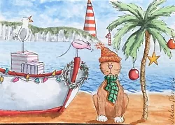 Buy ACEO Original Watercolour Painting Seaside, Beach Cat, Baubles, Boat, Christmas • 14.50£