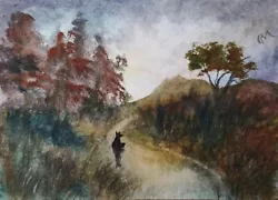 Buy ACEO Original Painting Landscape Art Fox Trees Path Sunset Clouds Watercolour • 7£