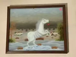 Buy KOPRICANEC,  White Horse W/Red Flower , Reverse Oil On Glass, Croatian Naive Art • 2,594.79£