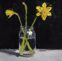 Buy Small Alla Prima  Oil Painting Of Daffodils In A Glass Jar. • 70£