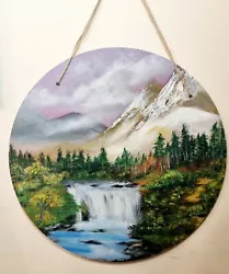 Buy Original Mountain Waterfall Painting On Round Wooden Board 30cm Home Decor/gift • 29.77£