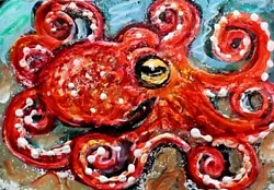 Buy ORIGINAL ACEO Painting Red OCTOPUS Sea Ocean Squid Fish Marine 8 Legs ATC ART • 12.60£