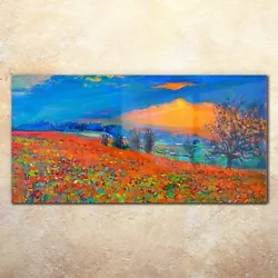 Buy Image Printed On Glass Colourful Poppies Painting And Sunset 140x70 • 149.99£