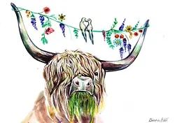 Buy Highland Cow And Birds In Original Watercolour Painting Original Art Not A Print • 59.99£