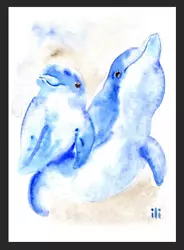 Buy ACEO Watercolor Print Cute Two Dolphins Fine Art Painting By Ili • 3.50£