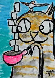 Buy ACEO Cat Painting Collectible Original Beach Coffee Art Signed Samantha McLean • 11.61£