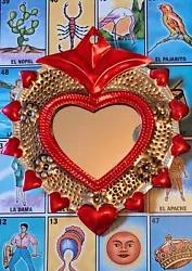 Buy Small Mexican Natural Tin & Red Heart Milagro Mirror Handmade Folk Art #06 • 12£