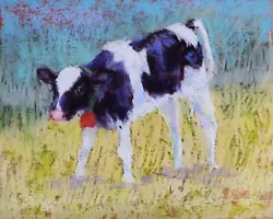 Buy Calf, Black And White Cow, Original Pastel Painting, 8 X10 , Framed • 41.47£