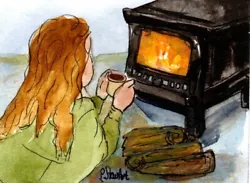 Buy ACEO Girl Fireplace Cup Cocoa Line & Wash Watercolor Naive Art Penny StewArt • 13.26£
