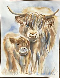 Buy Original Large Watercolor Highland Cow And  Baby Calf Portrait Painting • 30£