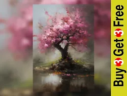 Buy Cherry Blossom Print, Oil Painting, Riverbank Wall Art, Spring Riverside • 4.99£