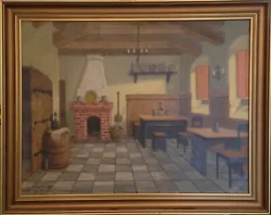 Buy Niels Martoft (1878-?): OLD PUB WITH A FIREPLACE. Original Vintage Oil Painting. • 157.19£