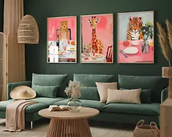Buy Depressed Pink Cheetah, Giraffe, Tiger Set Of Three Art Print Painting Poster • 15£