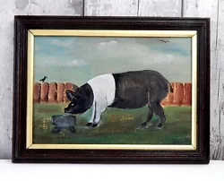Buy Antique English Primitive School Painting Prize Wessex Saddleback Pig On Board • 150£