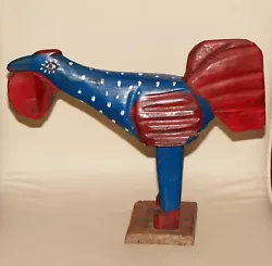 Buy STUNNING Blue And Red Hand Carved Vintage Wooden Rooster - American Folk Art  • 75£