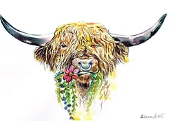 Buy Highland Cow In Spring Original Watercolour Painting 8, Original Art Not A Print • 69.99£