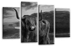 Buy Framed Scottish Highland Wall Art Grey White Cow Split Picture Panel • 28.99£